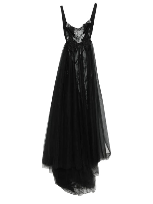Alchemy Floral Lace Maxi Dress — Black/ Red — Size XS — Front View