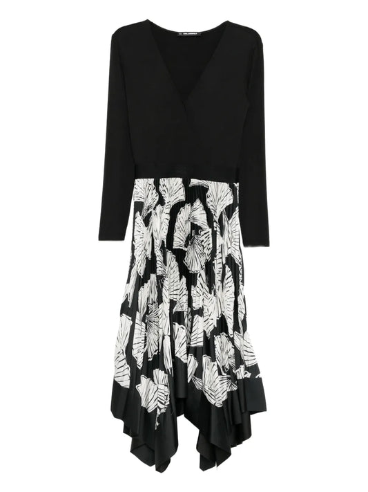 Karl Lagerfeld Floral Pleated Dress — Black — Size S — Front View