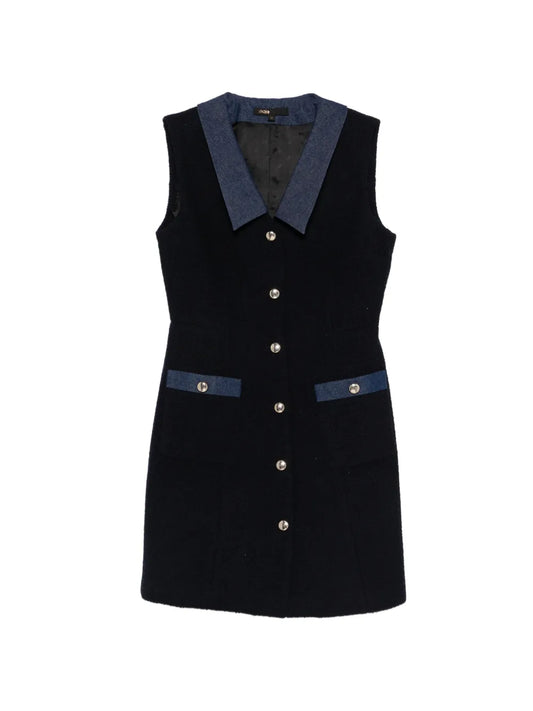 Maje Patch Pocket Button Mini Dress — Blue/ Navy — Size XS — Front View