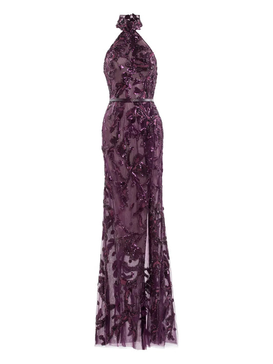 Saiid Kobeisy Halter Neck Maxi Dress — Purple — Size XS — Front View