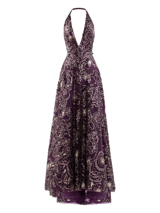 Saiid Kobeisy Embroidered Maxi Dress — Red/ Purple — Size XS — Front View