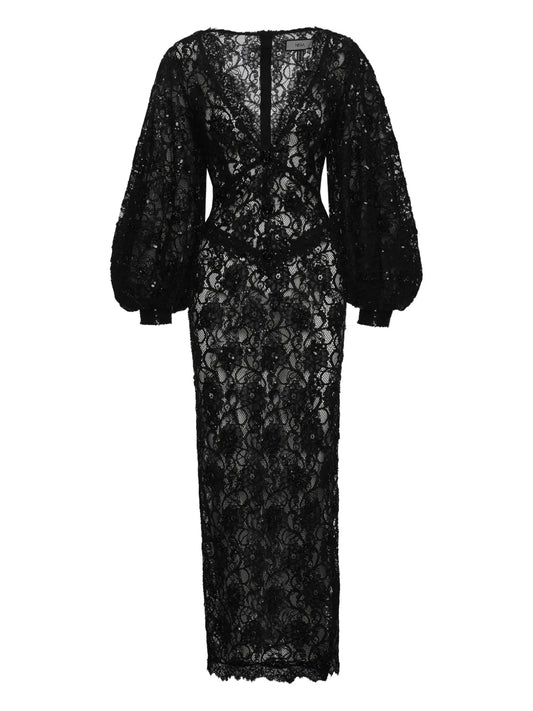 Nissa Sequin Lace Midi Dress — Black — Size S — Front View