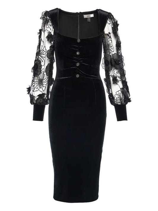 Nissa Flower Embellished Button Midi Dress — Black/ Red — Size S — Front View
