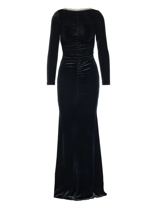 Nissa Backless Textured Maxi Dress — Black/ Red — Size S — Front View