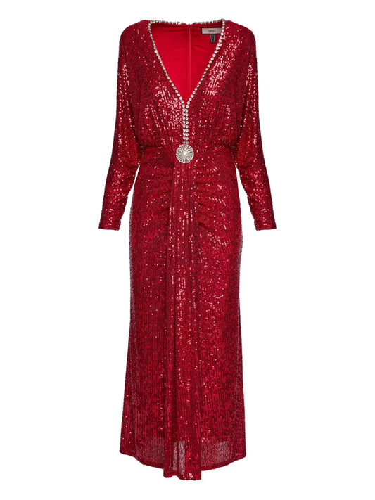 Nissa Embellished Sequined Maxi Dress — Red — Size XS — Front View