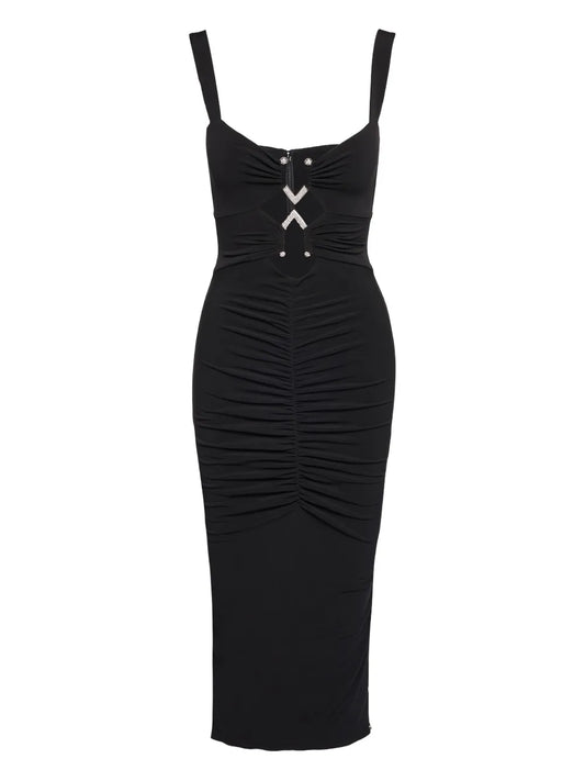 Nissa Embellished Ruched Midi Dress — Black — Size S — Front View