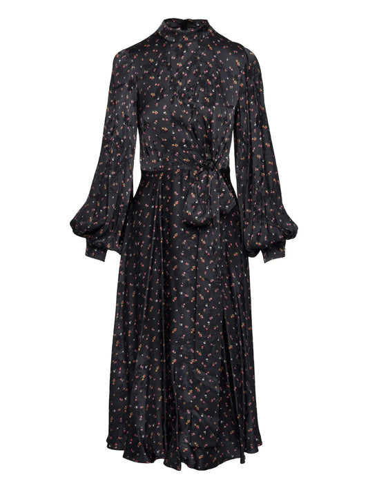 Nissa Printed Tie Detail Midi Dress — Black — Size S — Front View