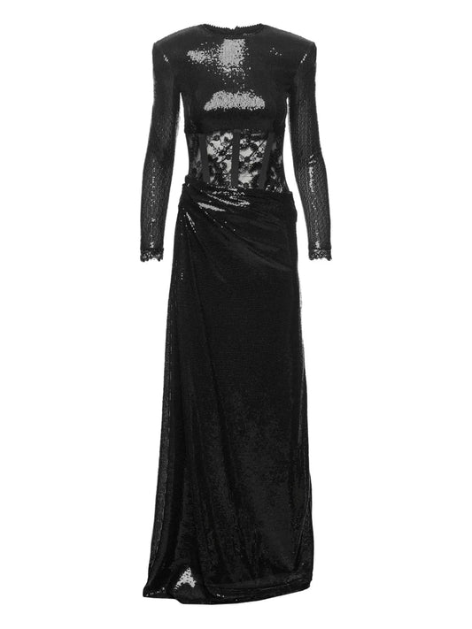 Nissa Sequin Lace Maxi Dress — Black/ Red — Size XS — Front View