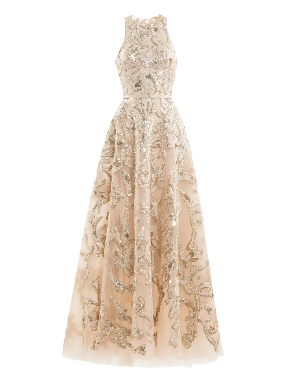 Saiid Kobeisy Embroidered Tulle Maxi Dress — Red/ Gold — Size XS — Front View