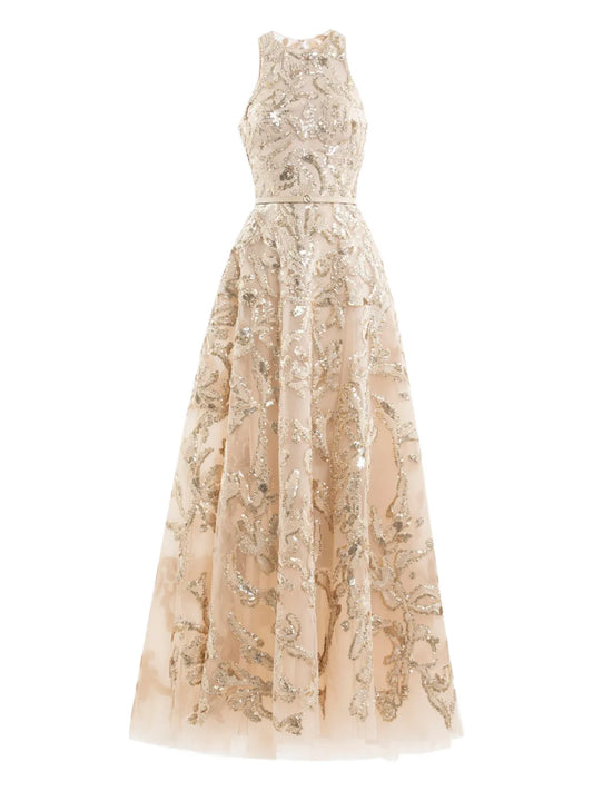 Saiid Kobeisy Embroidered Tulle Maxi Dress — Red/ Gold — Size XS — Front View