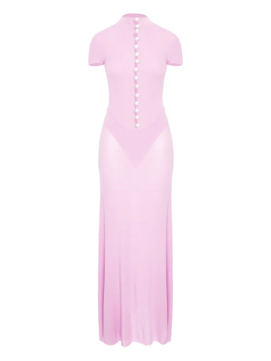 Manuri Button Detail Mock Neck Maxi Dress — Pink — Size S — Front View