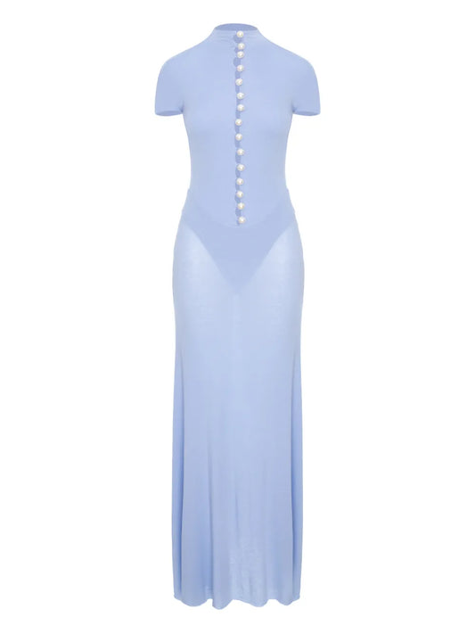 Manuri Pearl Embellished Maxi Dress — Blue — Size S — Front View