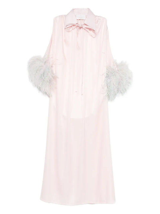 Reem Al Dhaheri Feather Trim Kaftan — Tan/ Pink — Size S — Front View