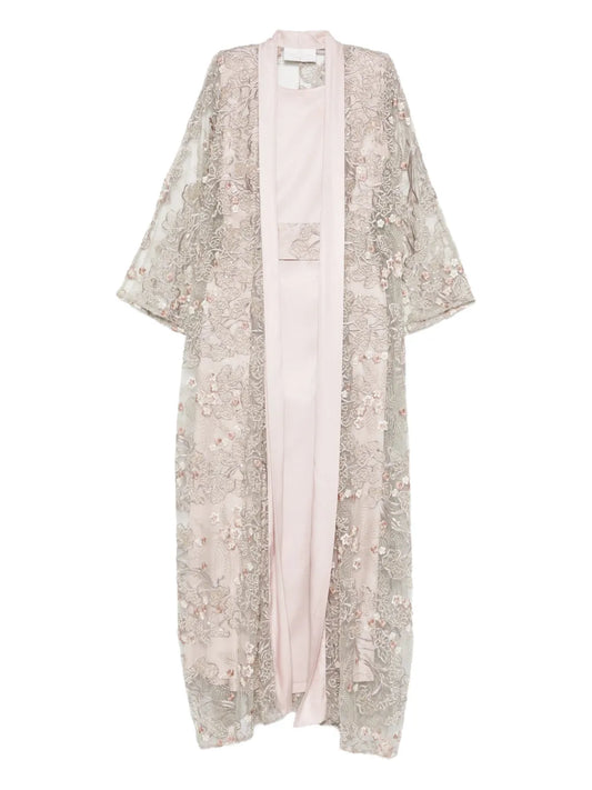 Reem Al Dhaheri Embroidered Cape Kaftan Set — Beige/ Tan/ Red — Size S — Front View