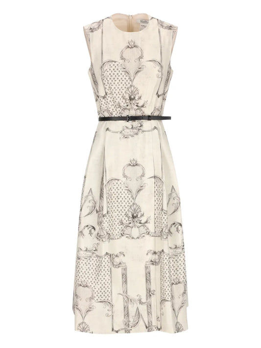 Max Mara Printed Belted Midi Dress — White/ Ivory — Size S — Front View