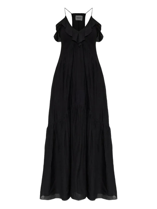 Marant Etoile Ruffled V Neck Dress — Black/ Red — Size XS — Front View
