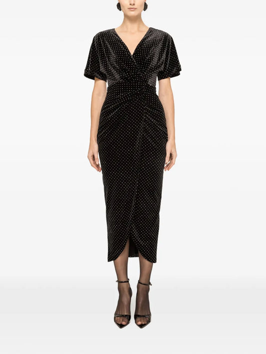 Nissa Glitter Velvet Midi Dress — Black — Size XS — Front View