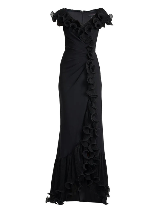 Tadashi Shoji Ruffled Pleated Maxi Dress — Black — Size XS — Front View