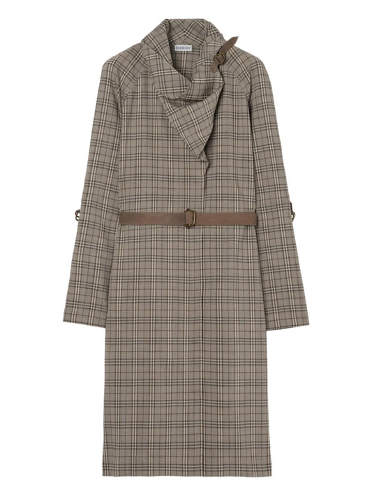 Burberry Scarf Collar Checked Mini Dress — Grey — Size XS — Front View