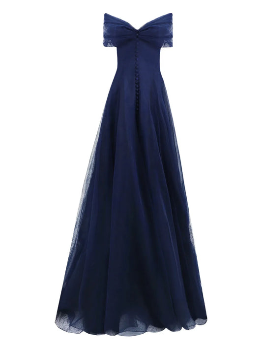 Gemy Maalouf Off The Shoulder Gown — Blue/ Navy — Size XS — Front View