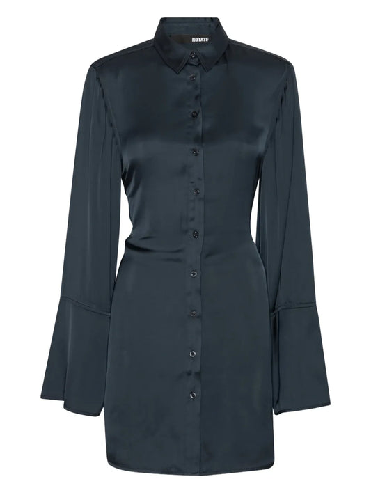 Rotate Birger Christensen Satin Tie Mini Shirt Dress — Blue/ Navy — Size L — Front View