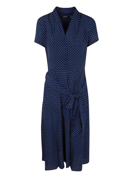 Lauren Ralph Lauren Polka Dot Tie Midi Dress — Blue/ Navy — Size XS — Front View