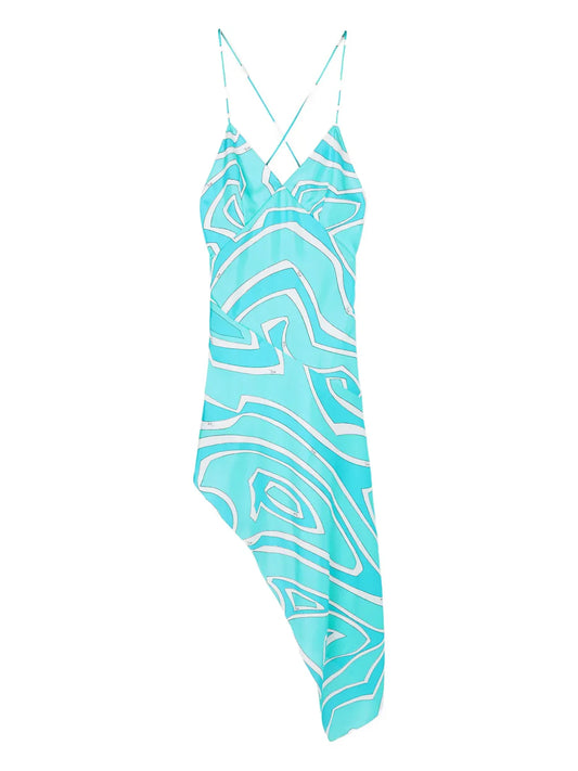 Pucci Labirinto Print Silk Dress — White/ Blue — Size XS — Front View