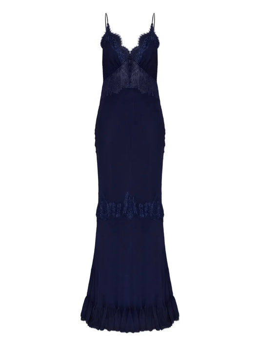 Self Portrait Lace Ruffled Maxi Dress — Blue/ Navy — Size XS — Front View