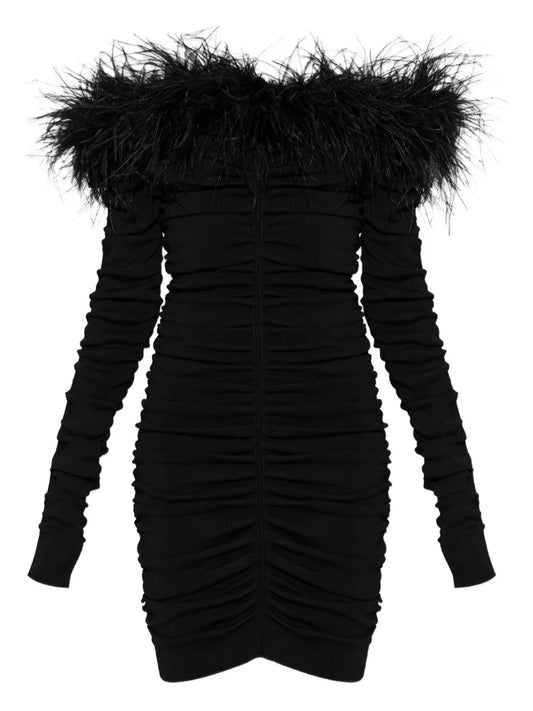 Self Portrait Feather Ruched Mini Dress — Black — Size XS — Front View