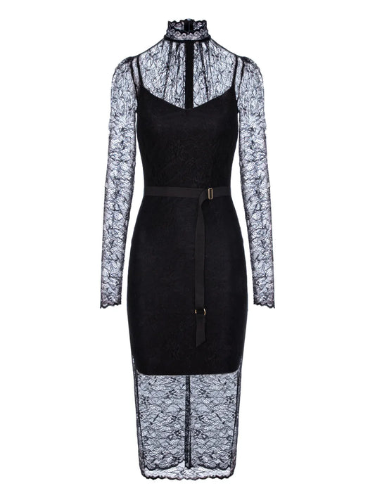 Murmur Mist Lace Belted Midi Dress — Black — Size XS — Front View
