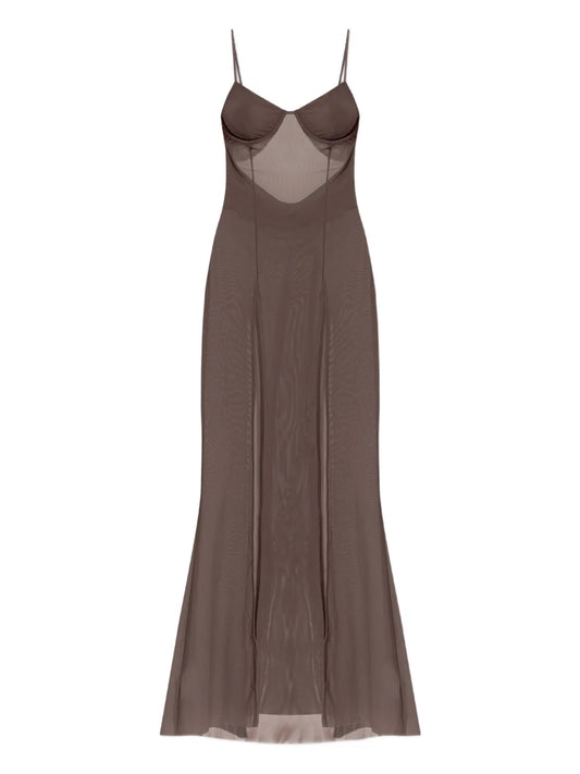 Bond Eye Mesh Slit Maxi Dress — Brown — Size XS — Front View