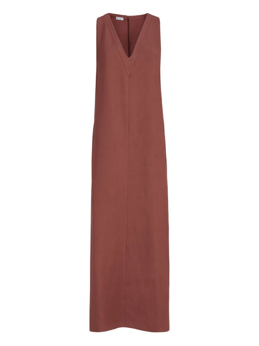 Brunello Cucinelli V Neck Monili Detail Midi Dress — Orange — Size XS — Front View