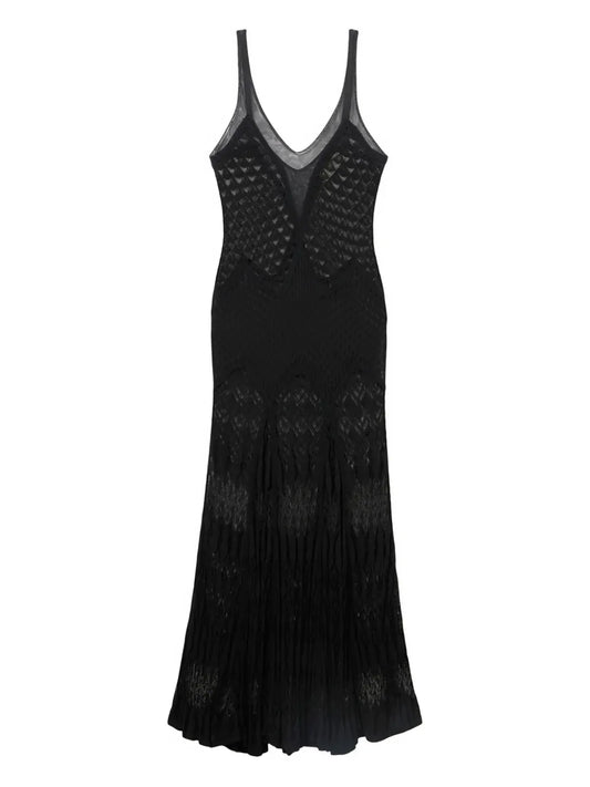 Blumarine Patterned V Neck Maxi Dress — Black — Size S — Front View