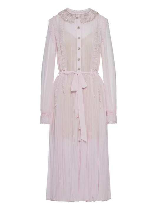 Self Portrait Pleated Jewelled Dress — Pink — Size XS — Front View