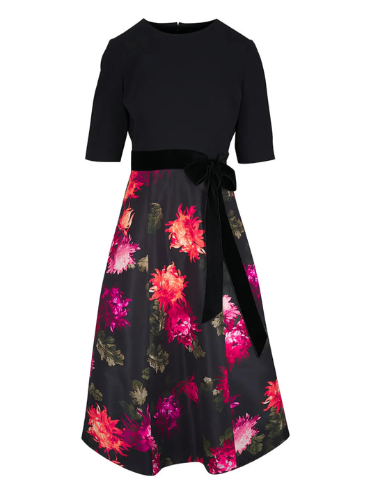 Carolina Herrera Chrysanthemum Print Midi Dress — Black — Size XS — Front View