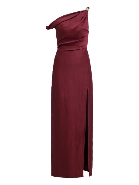 Aje Bridgette Asymmetric Shoulder Slit Midi Dress — Gold — Size L — Front View