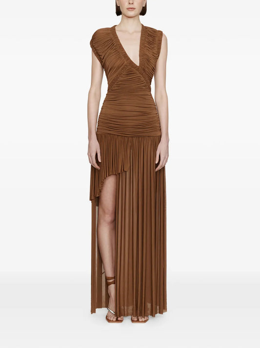 Christopher Esber Theron Draped Maxi Dress — Brown — Size S — Front View