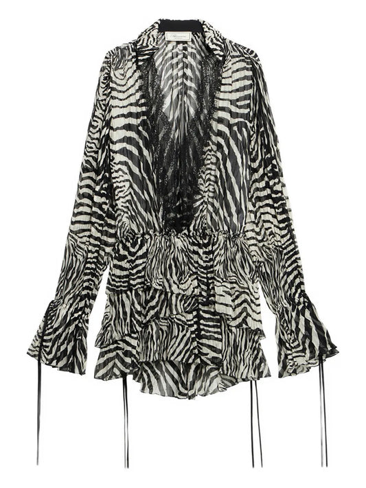 Blumarine Lace Trim Zebra Print Mini Dress — Black/ White/ Red — Size XS — Front View