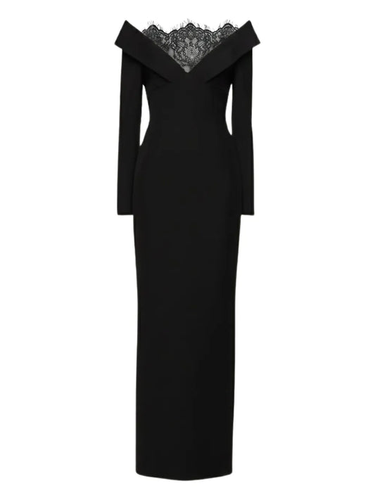 Roland Mouret Lace Insert Column Gown — Black — Size S — Front View