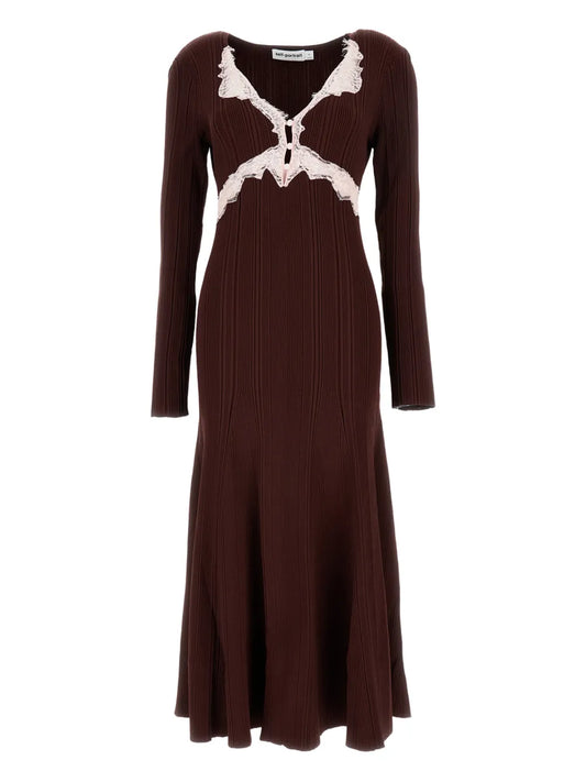 Self Portrait Ribbed Lace A Line Dress — Brown — Size XS — Front View