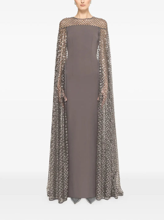 Nissa Sequined Cape Maxi Dress — Grey — Size XS — Front View