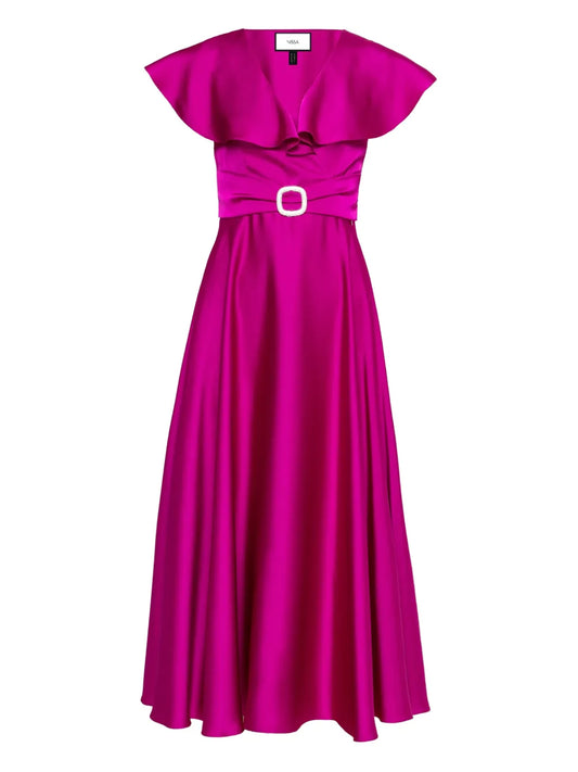 Nissa Ruffled Satin Midi Dress — Same as shown — Size L — Front View
