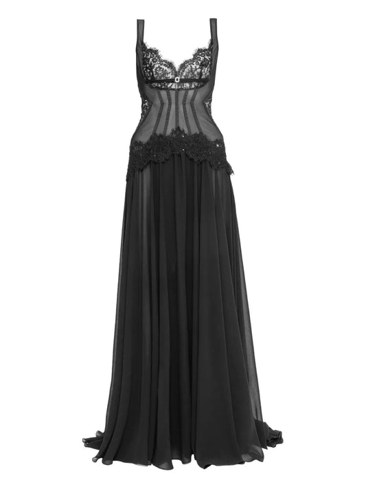 Nissa Lace Trim Corset Gown — Black — Size XS — Front View
