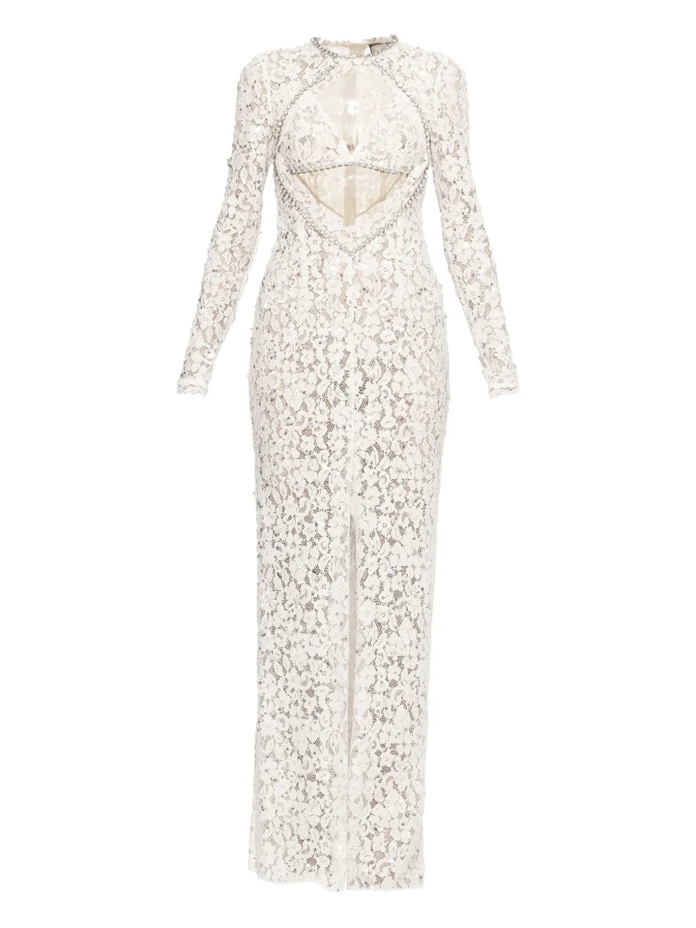 Nissa Sequin Embellished Lace Maxi Dress — White — Size S — Front View