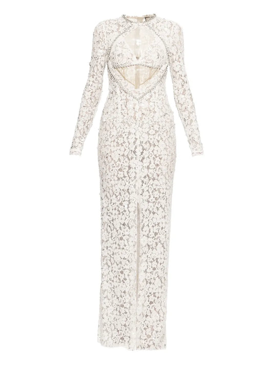 Nissa Sequin Embellished Lace Maxi Dress — White — Size S — Front View