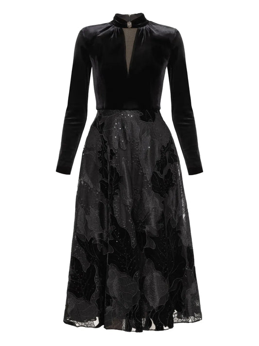 Nissa Embroidered Velvet Midi Dress — Black/ Red — Size L — Front View