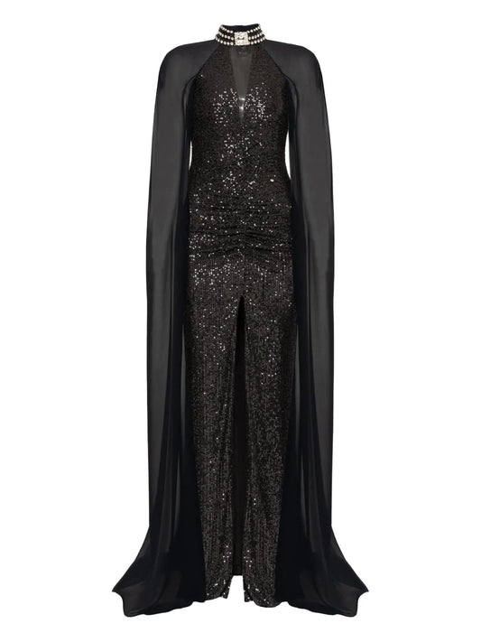 Nissa Sequined Cape Gown — Black — Size XS — Front View