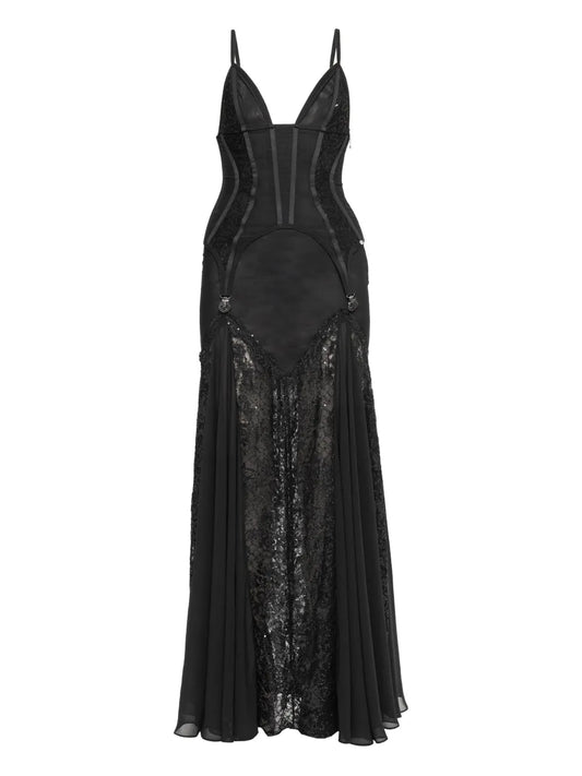Nissa Lace Panel Corset Maxi Dress — Black — Size XS — Front View