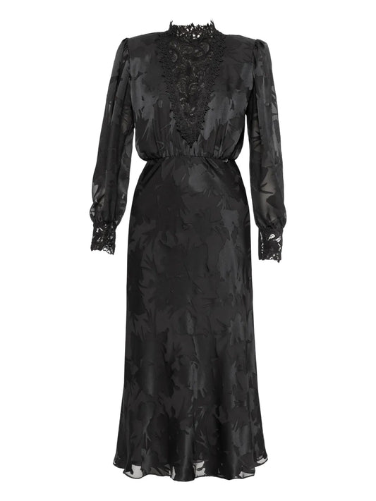 Nissa Lace Trim Midi Dress — Black — Size S — Front View