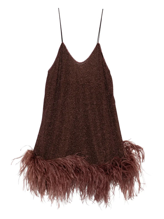 Oseree Feather Detail V Neck Mini Dress — Brown — Size XS — Front View